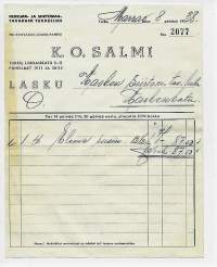 K O Salmi Hedelmä ja Siirtomaatavarain Tukkuliike  Turku  1938  - firmalomake