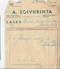 Tmi A Koivurinta omistaja K O Salmi  Hedelmä ja Siirtomaatavarain Tukkuliike Turku  1938  - firmalomake