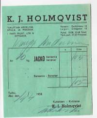 K J Holmqvist Tukuttain hedelmiä sipulia ja makeisia Turku  1938  - firmalomake