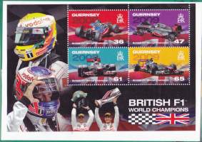 Guernsey - 2008-2009 British F1 World Champions -blokki. Lewis Hamilton, Jenson Button, leimaamaton postituore pienoisarkki **.