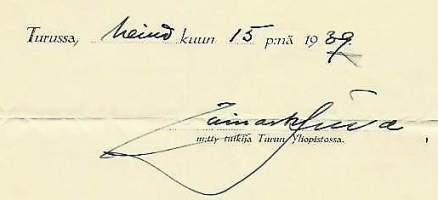 Einar W. JuvaHistorioitsija nimikirjoitus asiakirjalla 1939