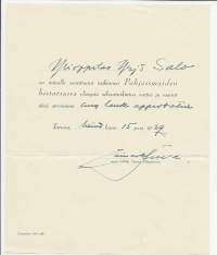 Einar W. JuvaHistorioitsija nimikirjoitus asiakirjalla 1939