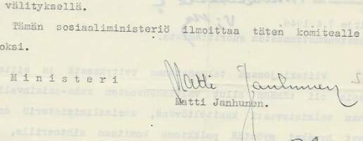 Matti Janhunen  punaupseeri, kommunistipoliitikko ja sosiaaliministeri Paasikiven III ja Pekkalan hallituksissa (1945–1948).,  nimikirjoitus asiakirjalla 1948