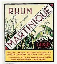 Martinque Rhum  taatusti oikeata Martique-saaren sokeriruoko-rommia suoraan viljelyksiltä - viinaetiketti / Frencellin kivipaino 1934