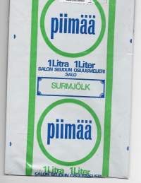 Salon Seudun Osuusmeijeri Salo - piimää, maitopussi, muovipussi avattu tuotepakkaus, 1960-70