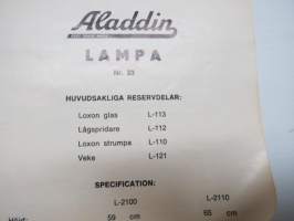 Aladdin voimavalolamppu nr 23 -käyttöohjekirja, varaosaluettelo / Kraftljuslampa - bruksanvisning + reservdelskatalog