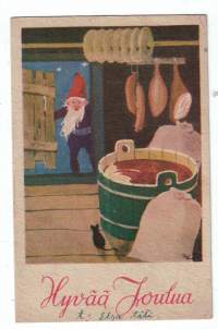 Joulukortti, tonttu kurkkaa ruoka-aittaan- 1940-luvun kortti. Kulkenut, merkki poistettu