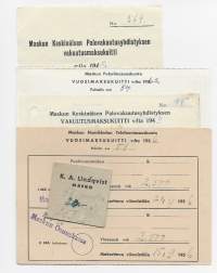 Maskun Keskinäinen Palovakuutusyhdistys, Puhelinosuuskunta, Humikkalan Telefooniosuuskunta ja K A Lindqvist 5 kpl erä 1940-50 l- firmalomake
