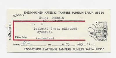 Ensimmäinen Apteekki  Tampere resepti signatuuri 1965