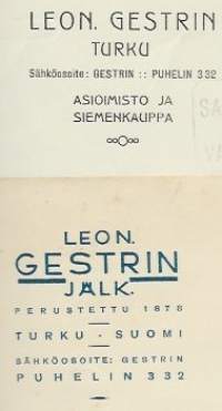 Leon Gestrin Turku 1924 ja 1937  - firmalomake  2 eril