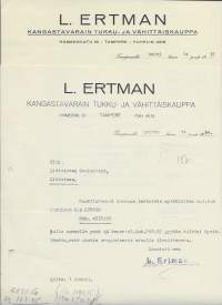 L Ertman Kangastavarain Tukku- ja vähittäiskauppa Tampere 1934 ja 1939   - firmalomake 2 eril