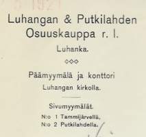 Luhangan &amp; Putkilahden Osuuskauppa rl Luhanka  1921 - firmalomake