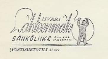 Iivari Lähteenmäki Sähköliike Paimio   1951- firmalomake  2 eril