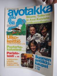 Avotakka 1976 nr 6, Mauno Tellervo ja Assi Koivisto kotikonnuillaan, Ulkokeittiö, Suomen antiikkikaupat osa 1., Missä mökki seisoo?, ym.