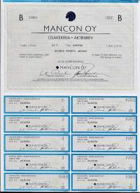 Mancon Oy, sarja B 1x20 mk  osakekirja,  Pori 1988