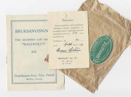 Radiwoll liinan tuotepakkaus ja käyttöohje ruotsiksi sekä suomenkielinen todistus radioaktiivisuudesta, itse liina puuttuu  vuodelta 1927