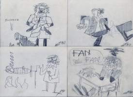 Tuntematon taiteilija, pilapiirros lyijykynä pahville sign 1960 kehystämätön 11x15 cm  yht 4 kpl erä