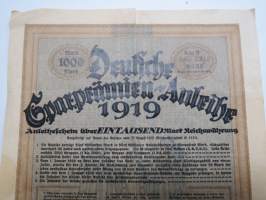 1000 Mark Deutsche Sparpremien-Anleihe 1919 Reihe B Gruppe 2218 Nr. 138 -saksalainen lainapaperi