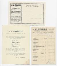 A W Granberg - Porvoo - mainos. ja tilauskortteja kulkemattomia 1910- luku 3 kpl erä