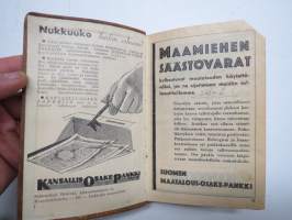 Maatalouskalenteri 1936, tietopohjaisia artikkeleita, taulukoita, runsaasti mainoksia maatalouteen liittyen, runsaasti merkintöjä liittyen maataloustöiden