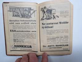 Maatalouskalenteri 1936, tietopohjaisia artikkeleita, taulukoita, runsaasti mainoksia maatalouteen liittyen, runsaasti merkintöjä liittyen maataloustöiden