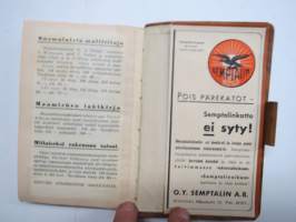 Maatalouskalenteri 1936, tietopohjaisia artikkeleita, taulukoita, runsaasti mainoksia maatalouteen liittyen, runsaasti merkintöjä liittyen maataloustöiden