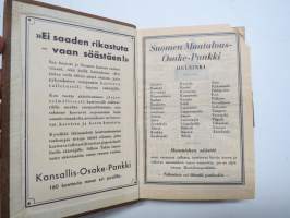 Maatalouskalenteri 1932, tietopohjaisia artikkeleita, taulukoita, runsaasti mainoksia maatalouteen liittyen, runsaasti merkintöjä liittyen maataloustöiden