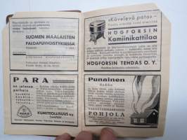 Maatalouskalenteri 1932, tietopohjaisia artikkeleita, taulukoita, runsaasti mainoksia maatalouteen liittyen, runsaasti merkintöjä liittyen maataloustöiden