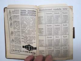 Maatalouskalenteri 1932, tietopohjaisia artikkeleita, taulukoita, runsaasti mainoksia maatalouteen liittyen, runsaasti merkintöjä liittyen maataloustöiden