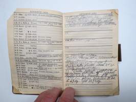 Maatalouskalenteri 1932, tietopohjaisia artikkeleita, taulukoita, runsaasti mainoksia maatalouteen liittyen, runsaasti merkintöjä liittyen maataloustöiden