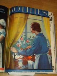 Kotiliesi 1932 -sidottu vuosikerta,Kansikuvitus Martta Wendelin, upeat kansikuvat näkyvät kuvissa