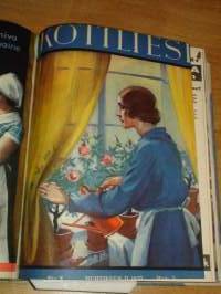 Kotiliesi 1932 -sidottu vuosikerta,Kansikuvitus Martta Wendelin, upeat kansikuvat näkyvät kuvissa