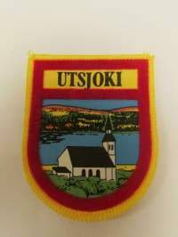 Utsjoki-kangasmerkki / matkailumerkki / hihamerkki / badge -pohjaväri keltainen