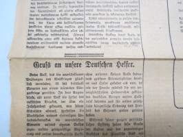 Helsingin Sanomat 1918 nr 2, ilmestynyt 14.4.1918 -toinen kapinan kukistamisen jälkeen ilmestynyt numero - Laillisen yhteiskuntajärjestelmän palauttaminen