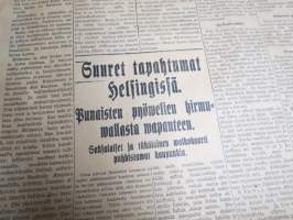 Helsingin Sanomat 1918 nr 1, ilmestynyt 13.4.1918 -ensimmäinen kapinan kukistamisen jälkeen ilmestynyt numero - Suuret tapahtumat Helsingissä