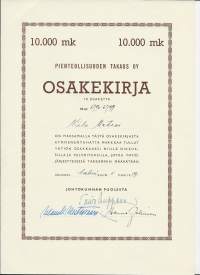 Pienteollisuuden Takaus Oy Helsinki 1959  osakekirja