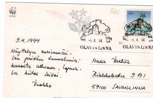 Marja Liisa Pitkäranta, ystävänpäivä kortti. Kortin numero 821. Kulkenut Savonlinna näyttelypäivänä 9.4.1994. Hyvä leima ja postimerkki
