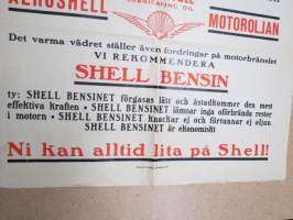 Obs! Motormän Obs! - Vädret blir varmare... Double Shell / Triple Shell / Golden Shell /Gear Shell Shell Bensin - Ni kan alltid lita på Shell -mainosjuliste 1933
