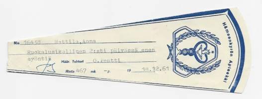 Hämeenkyrön  Apteekki   , resepti  signatuuri  1961