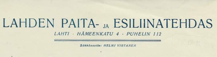 Lahden Paita- ja Esiliinatehdas Lahti 1928 - firmalomake