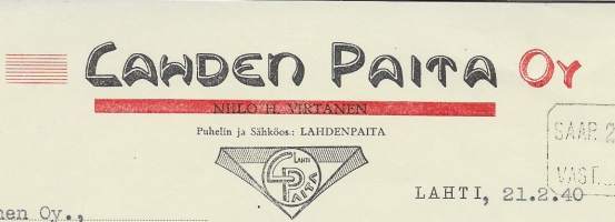 Lahden Paita Oy  Lahti 1940 - firmalomake
