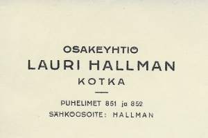 Lauri Hallman Oy Kotka 1952 - firmalomake