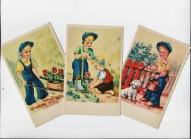 Kesäisiä puuhia; puutarhurit ja maalari - postikortti kulkematon 3 eril