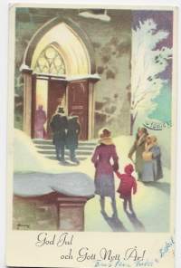 Poika Vesanto sign - taiteilijapostikortti joulukortti postikortti kulkenut 1952  joulumerkki