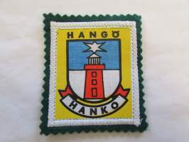 Hangö -Hanko -kangasmerkki / matkailumerkki / hihamerkki / badge -pohjaväri vihreä