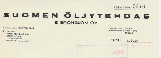 Suomen  Öljytehdas E Grönblom Oy Turku 1949  -  firmalomake