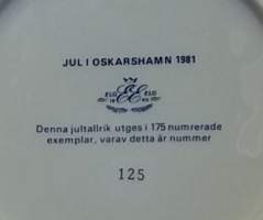 SAMLARTALLRIKAR - Jul i Oskarshamn 1981. Joululautanen. Keräilylautanen. Posliini, seinälautanen. (Vintage,  Scandinavian Porcelain, tallrik, collecting plate)