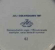SAMLARTALLRIKAR - Jul i Oskarshamn 1981. Joululautanen. Keräilylautanen. Seinälautanen. (Vintage,  Scandinavian Porcelain, tallrik, collecting plate)
