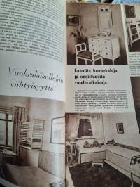 Omin Käsin 1955 nr 1 kauniita huonekaluja ja onnistuneita vuoderatkaisuja, tuohitöitä, tämän päivän pitsipoiminta