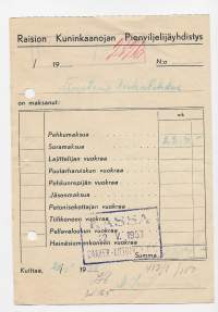 Raision Kuninkaanojan Pienviljelijäyhdistys kuitti 1950  -  firmalomake